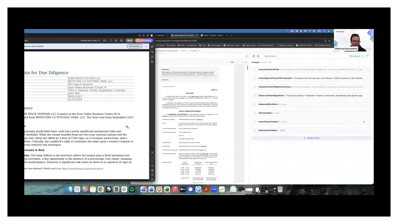 Clear three-column demo interface showing a lease PDF on the left, a detailed document page in the center, and a list of extraction prompts on the right; presenter thumbnail visible in the corner.