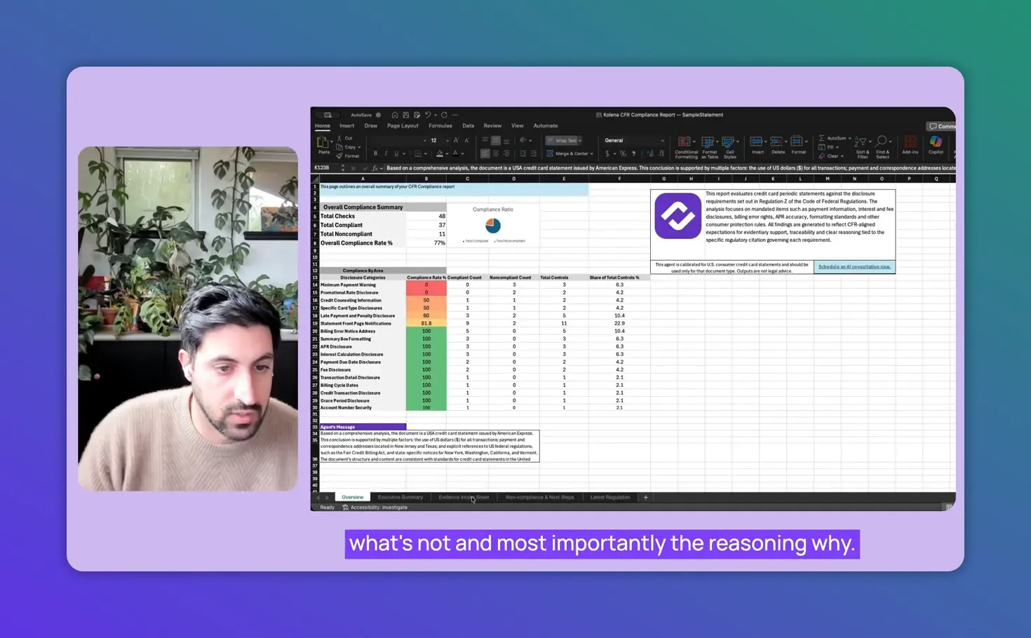 Screenshot of a compliance report spreadsheet emphasizing reasoning for compliance determinations