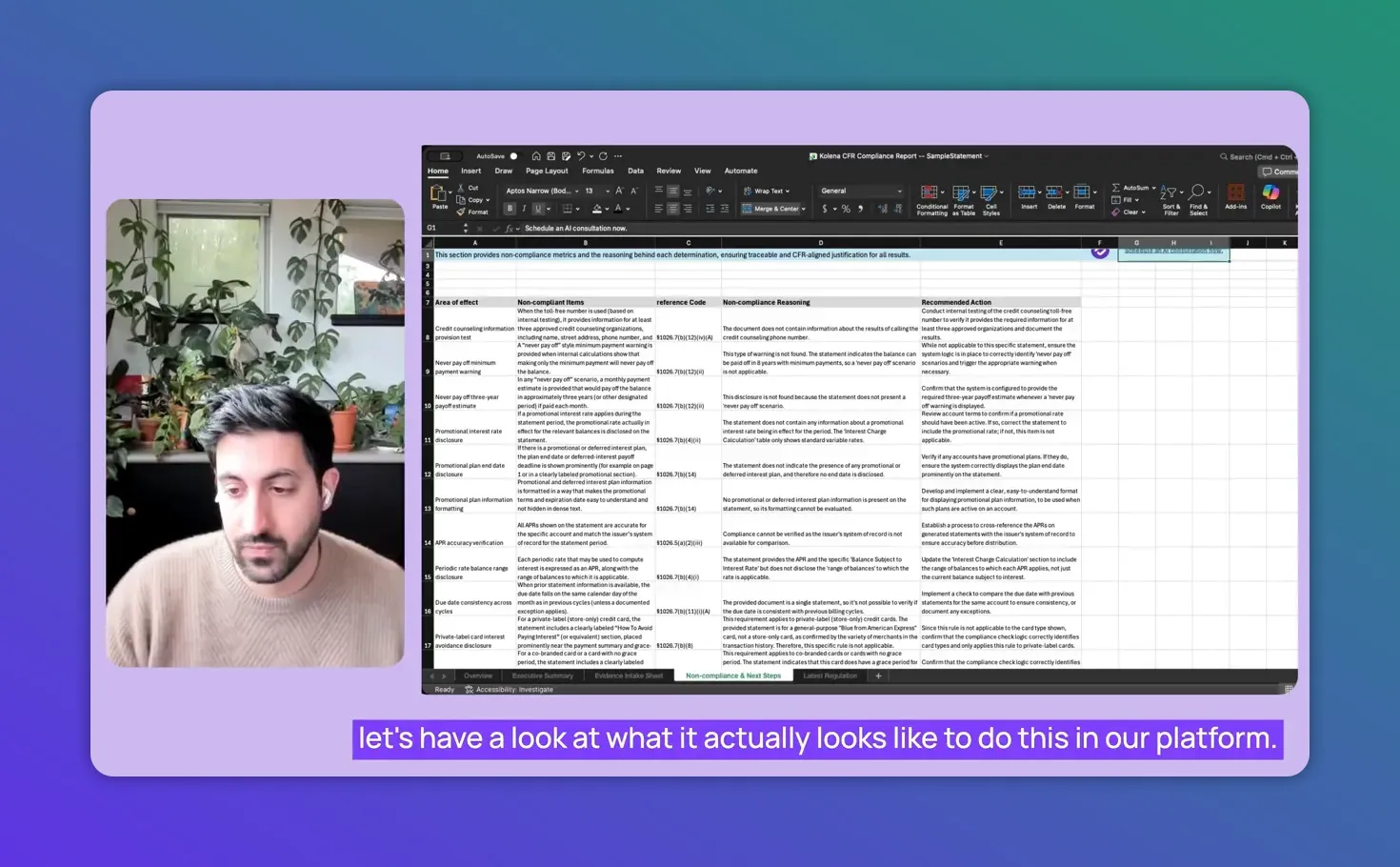 Screenshot of a banking compliance report with requirement mapping, non-compliance reasoning, and recommended actions in a spreadsheet-style table.