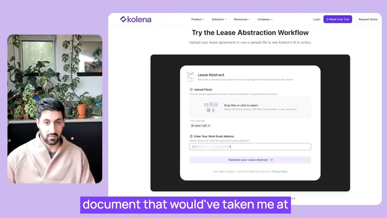 Clear view of Kolena lease abstraction upload form showing a selected file and the work email field
