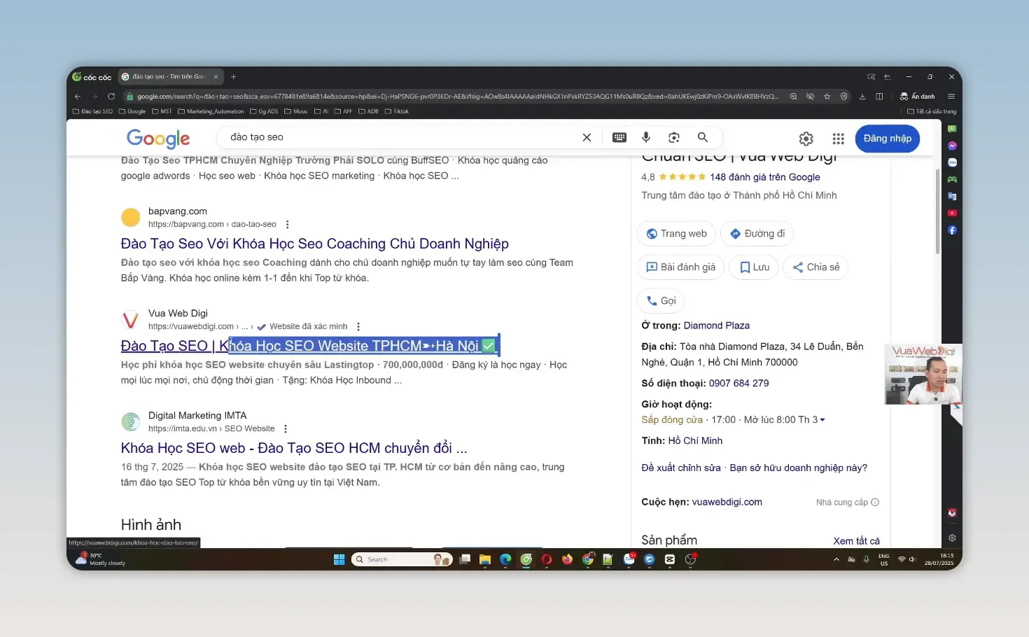 Trang kết quả Google hiển thị danh sách kết quả tìm kiếm cho từ khóa đào tạo sale