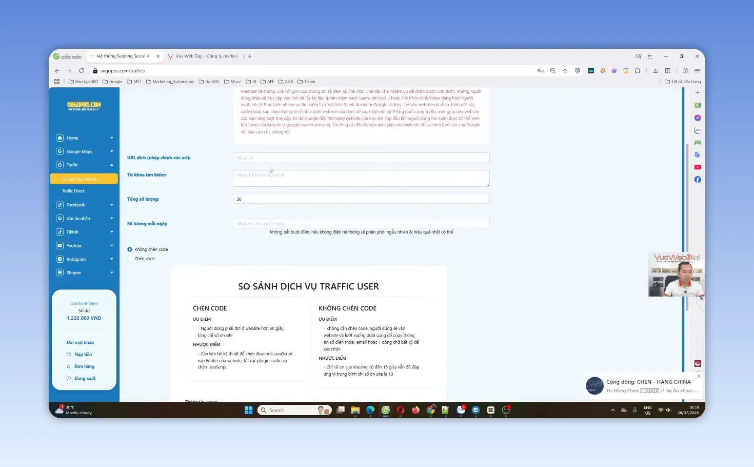 Biểu mẫu Google User Search với phần nhập URL từ khóa và số lượng traffic