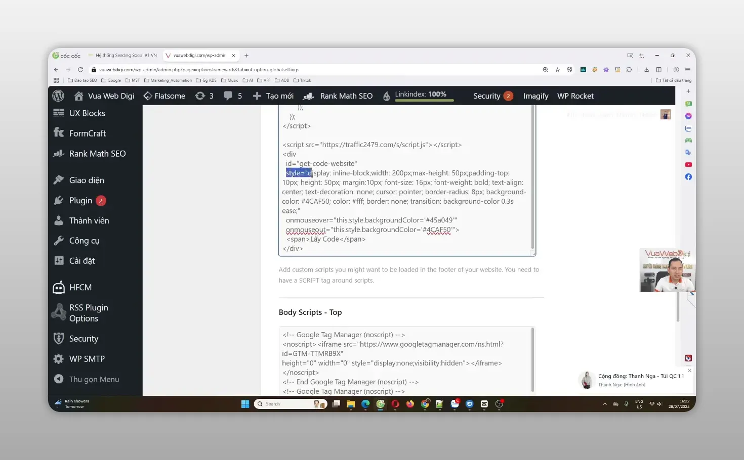 Trang quản trị WordPress hiển thị khu vực cấu hình mã Footer Script