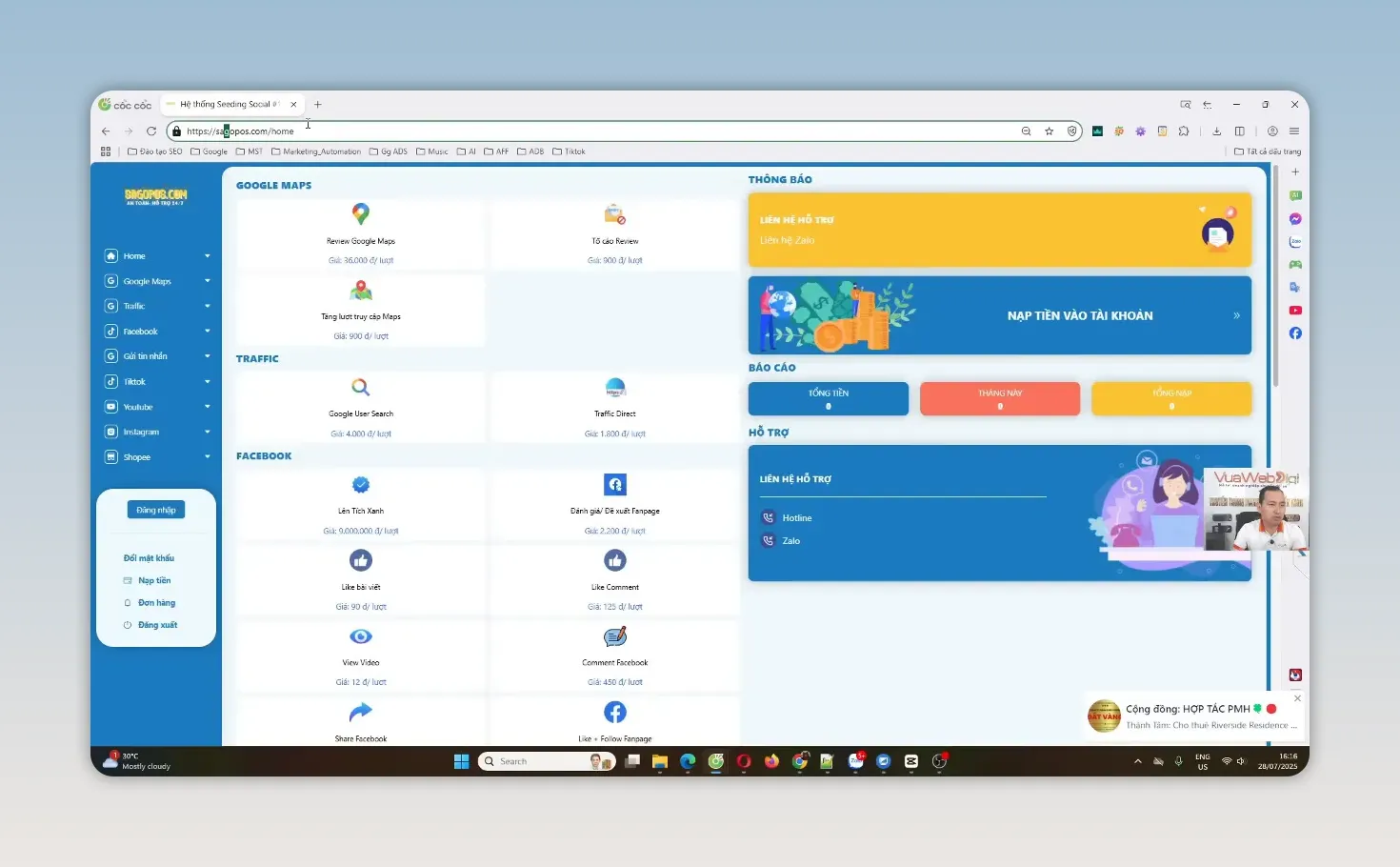 Trang quản trị Sagopos.com với menu dịch vụ và các ô thông tin tài khoản