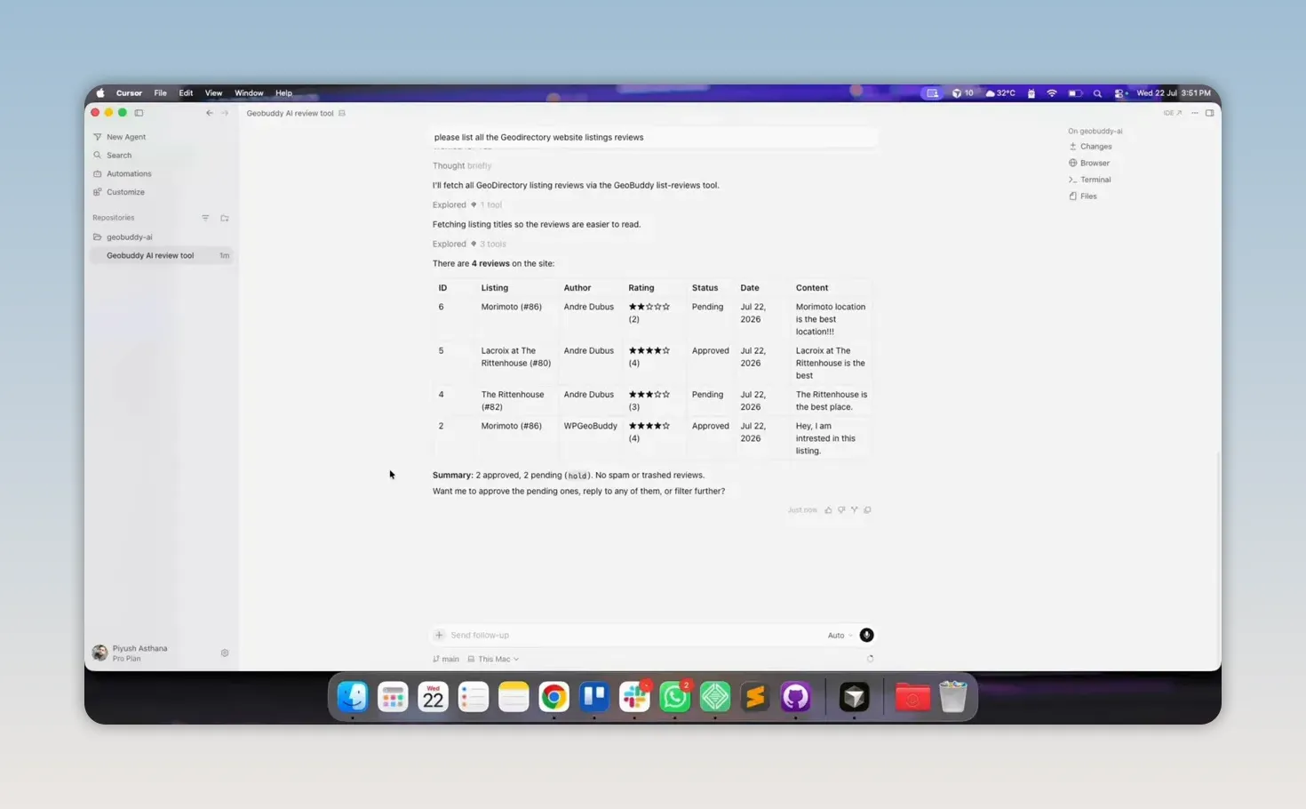 Cursor window showing a table of GeoDirectory listing reviews and review details