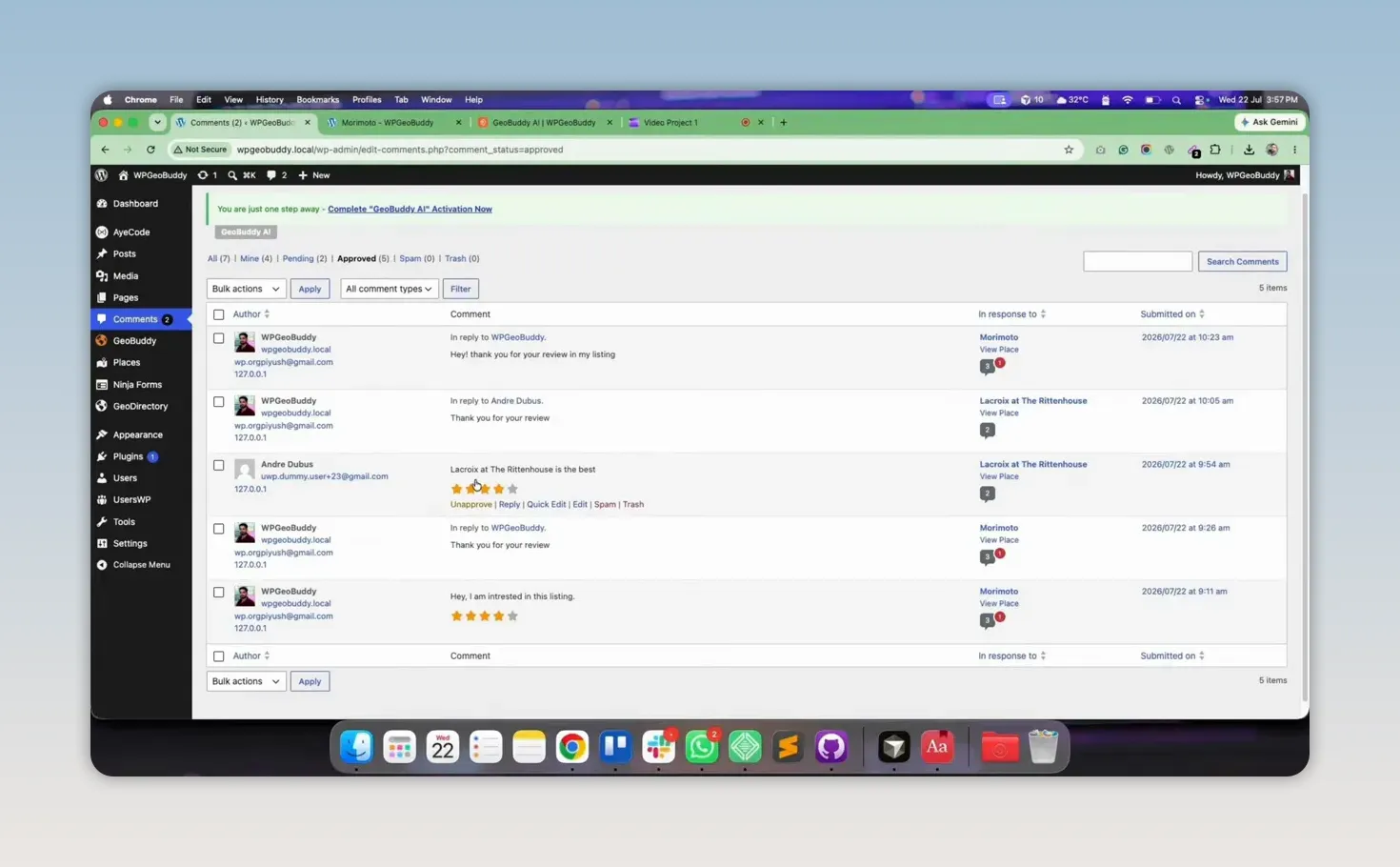 WordPress Comments admin screen displaying approved review comments