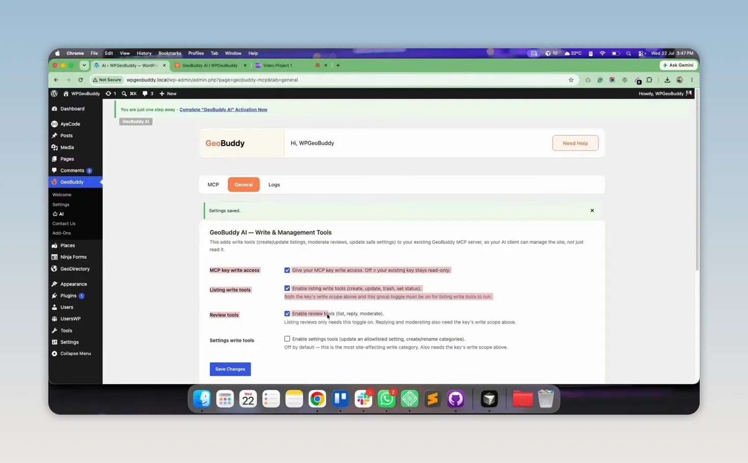 GeoDirectory AI settings page showing enabled tool options