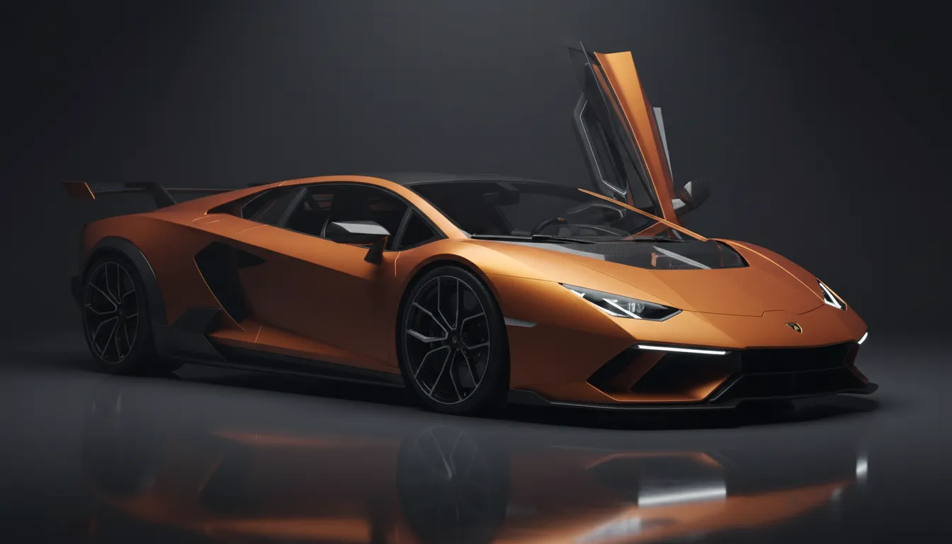 Hypercar Phenomeno vista tre quarti, silhouette ispirata al Countach, carrozzeria arancione metallizzata, vano motore in vetro con V12 e dettagli ibridi