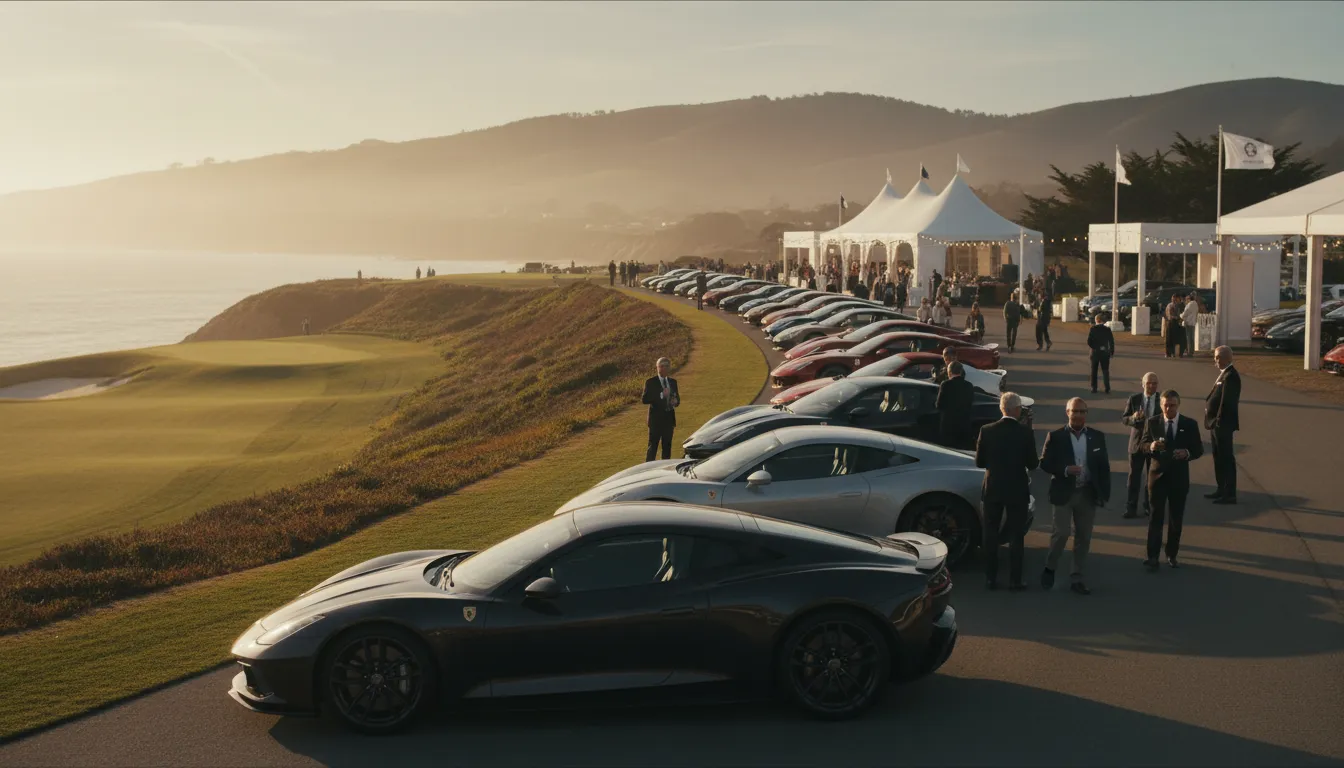 Monterey Car Week: auto d'epoca e hypercar su una scogliera costiera con collezionisti eleganti e tenda d'asta al tramonto