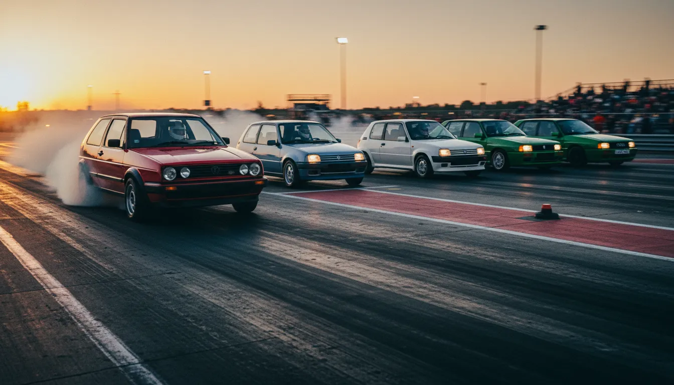 Sette hot hatch anni ’80 schierate su un drag strip al tramonto, fumo di pneumatici e luce cinematica che esaltano le linee squadrate