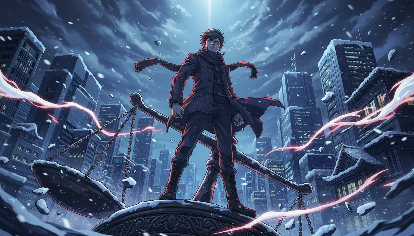 冬の街で壊れた秤の上に立ち反逆の決意を見せるアニメ風のアンディ、雪と赤青の劇的な光が交錯する情緒的な場面