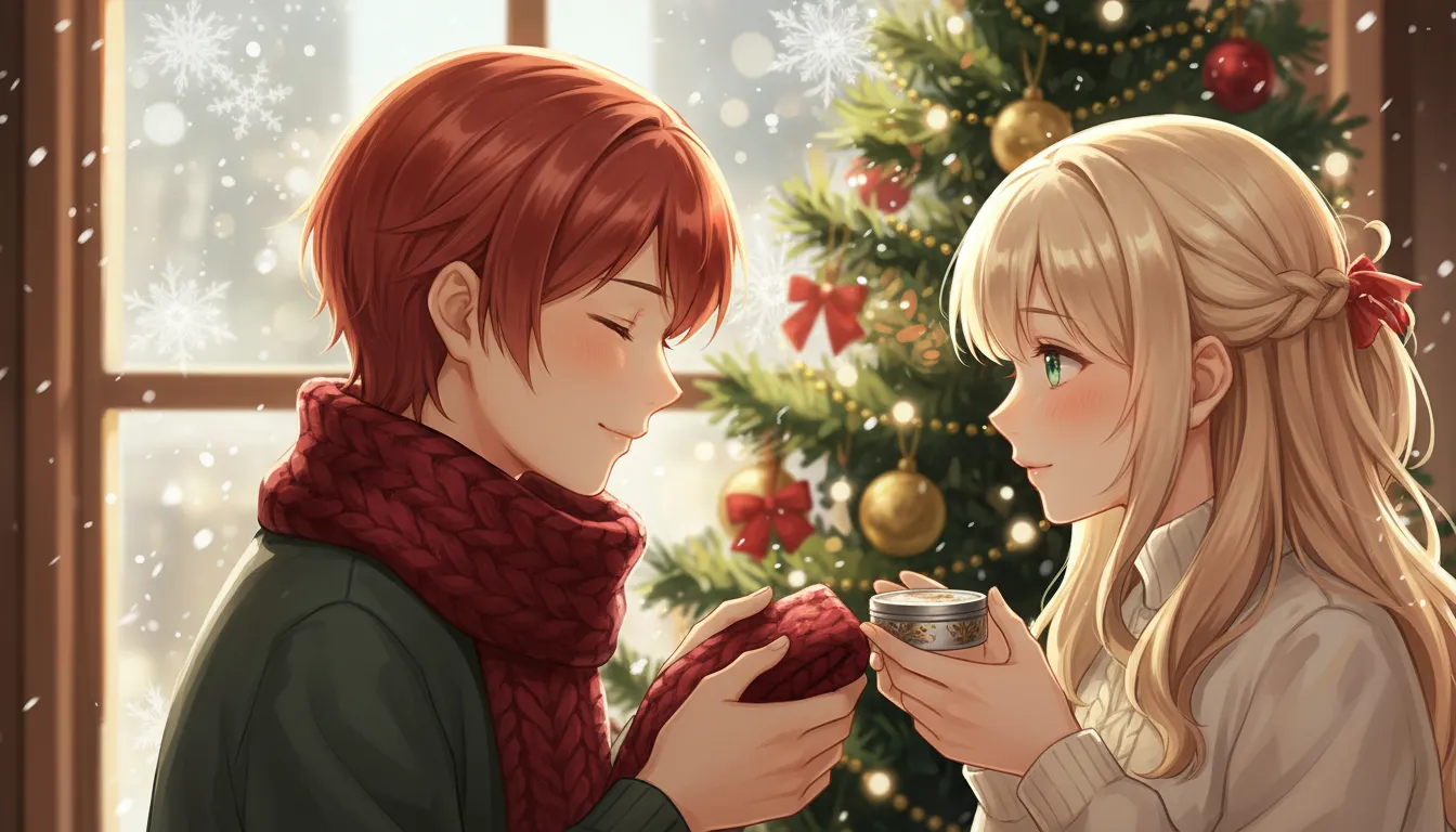 アニメ風の暖かな室内で、飾られたクリスマスツリーの前でマフラーとハンドクリームを交換し合う二人のやさしい表情
