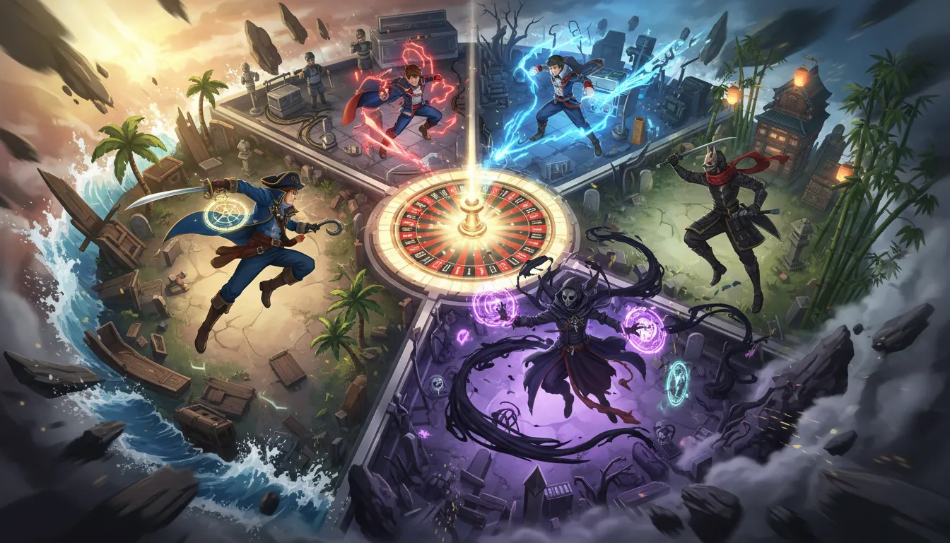 ルーレットを中心に海賊風、ヒーロー学院風、呪術風、鬼狩り風の四つの舞台と個性的な戦士たちが対峙するアニメ風PvPバトルのイラスト