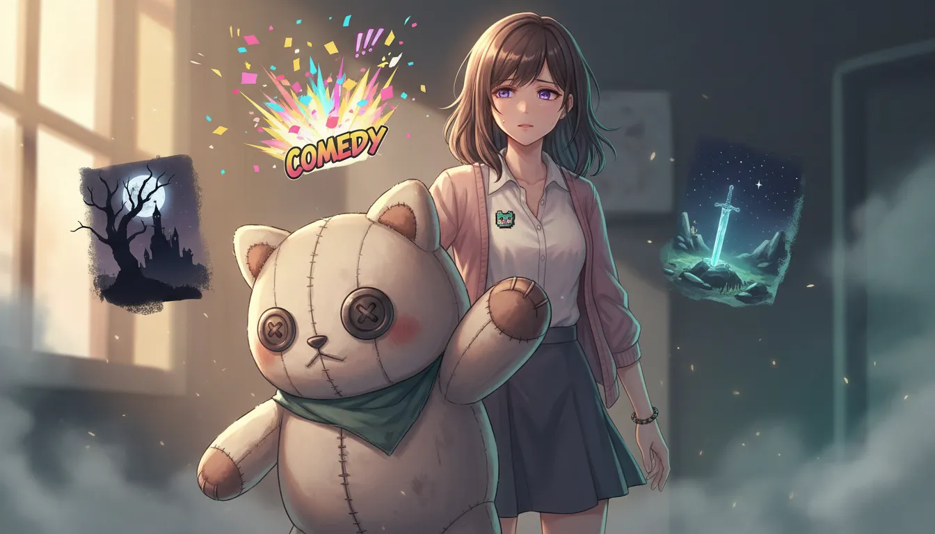 ぬいぐるみが主人を守るアニメ風イラスト。疲れた女性と手作りのぬいぐるみが寄り添い、背景にホラー・コメディ・ファンタジーを想起させる淡いビネットが浮かぶ暖かく緊張感のある情景