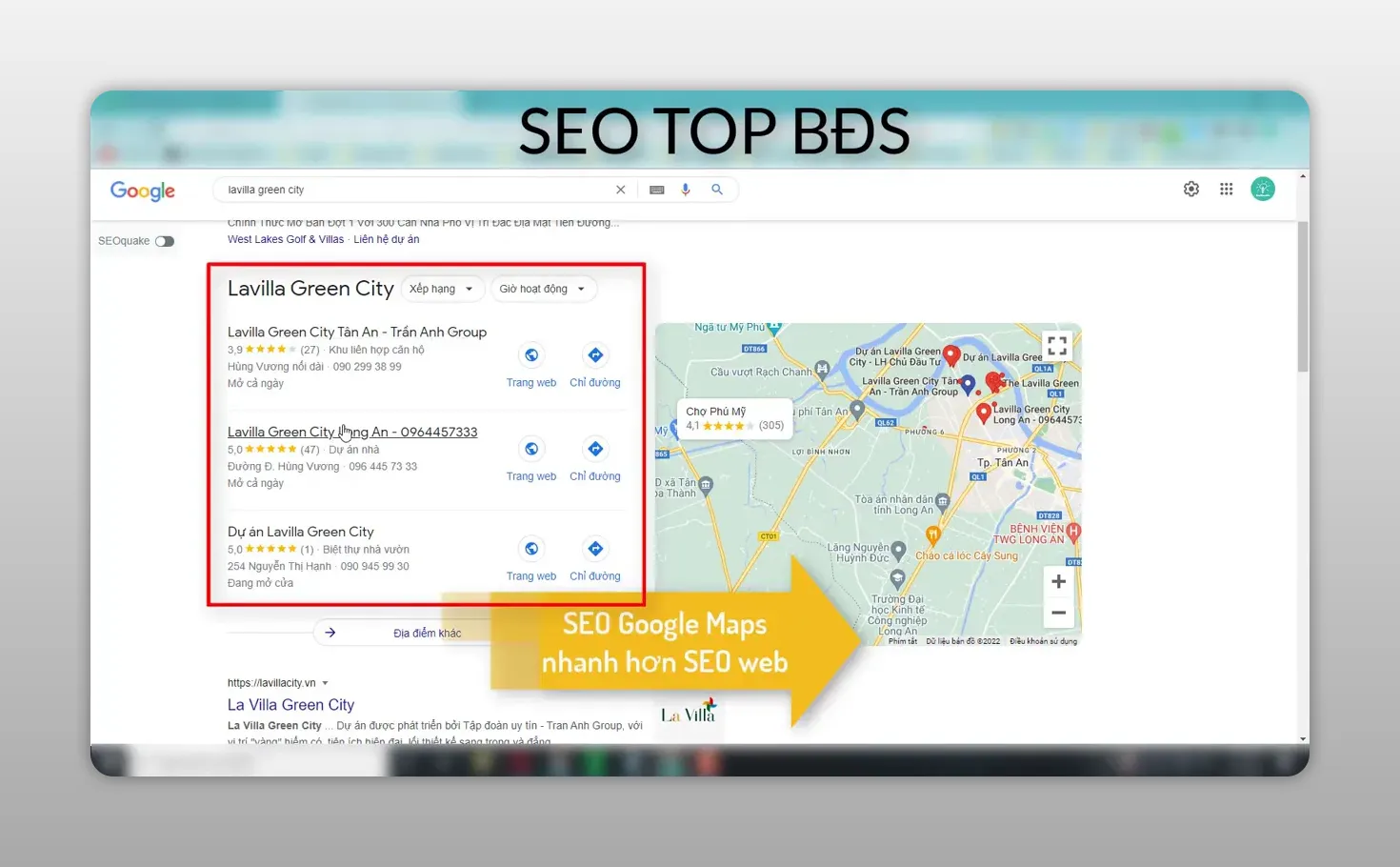 Kết quả Google hiển thị danh sách địa điểm và bản đồ cho truy vấn liên quan dự án