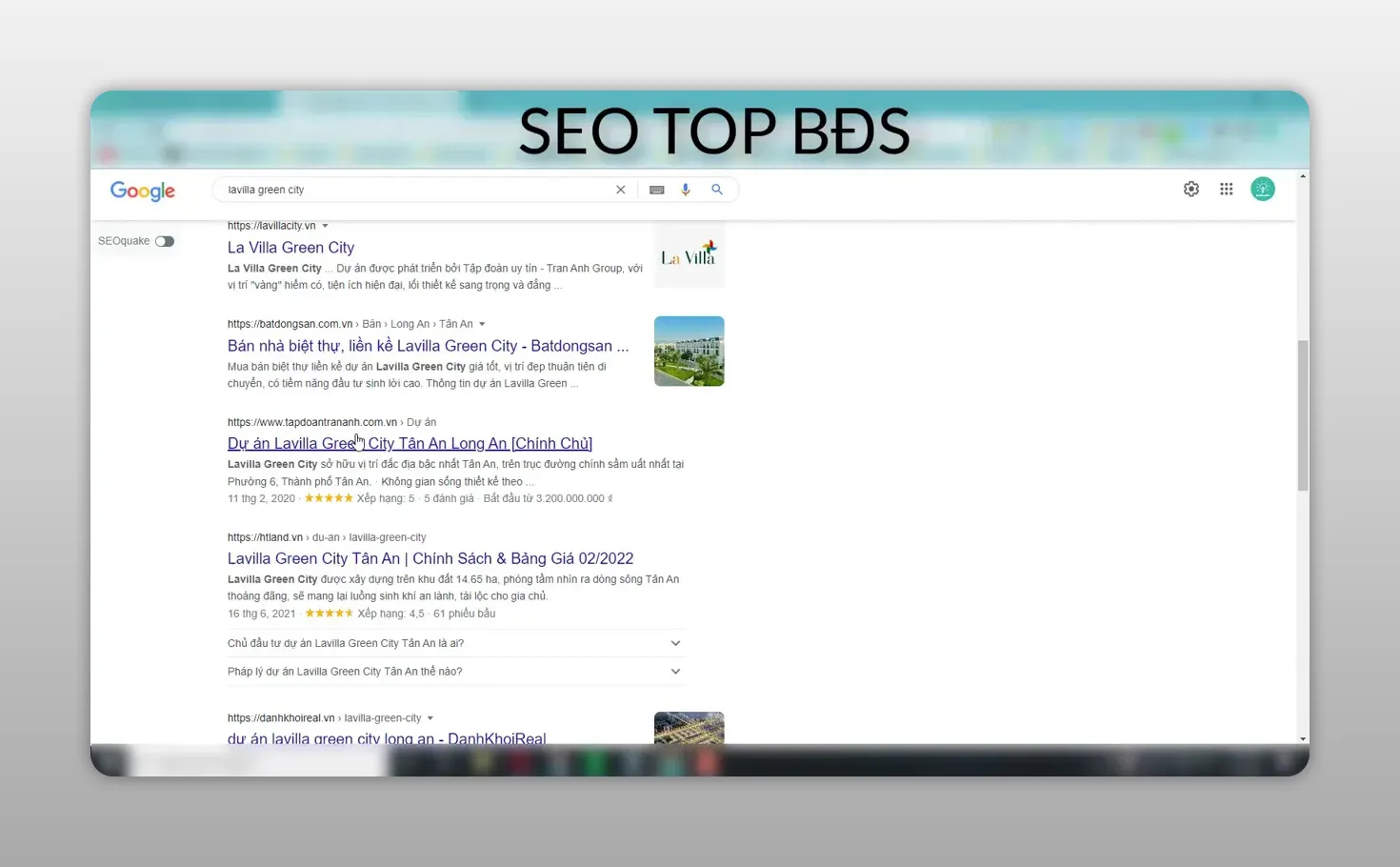 Trang kết quả Google hiển thị nhiều website bất động sản cạnh tranh cho một từ khóa dự án