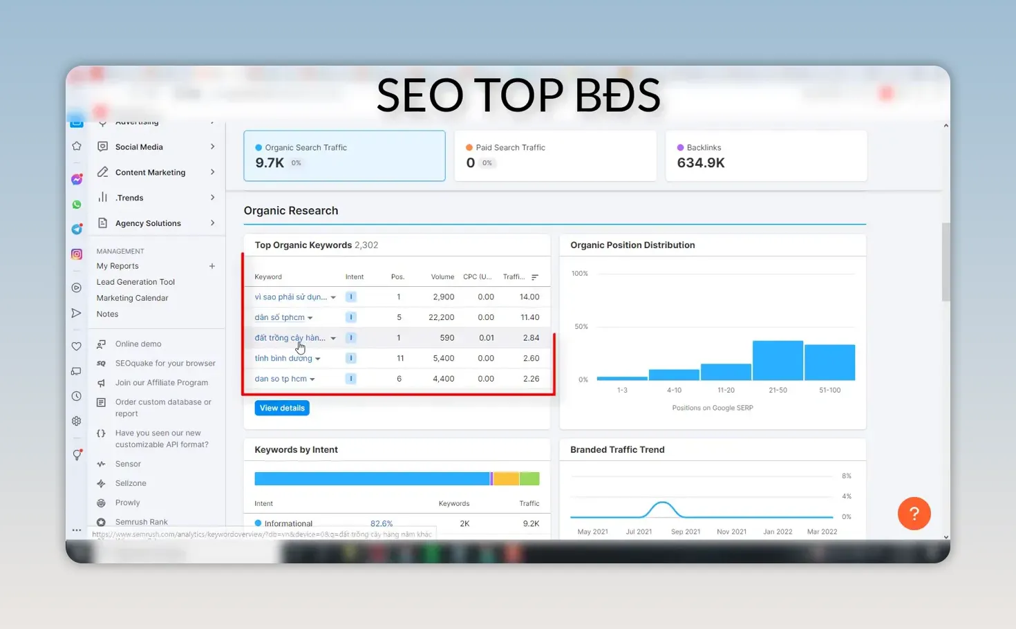 Bảng phân tích lưu lượng truy cập tự nhiên và danh sách từ khóa của một website bất động sản