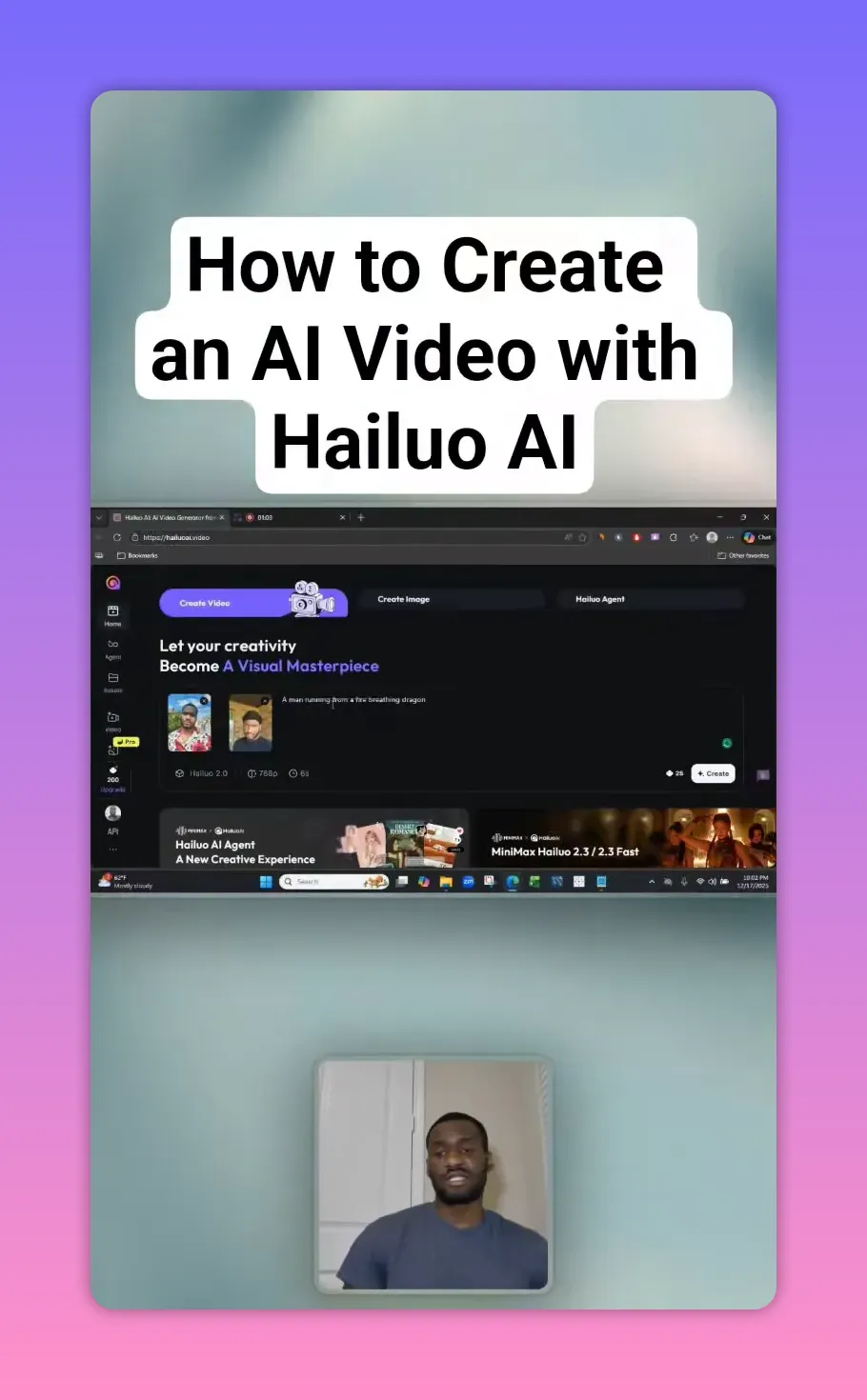 Hailuo AI create video screen showing the typed prompt 'A man running from a fire breathing dragon' visible in the input box with the site UI and preview window.