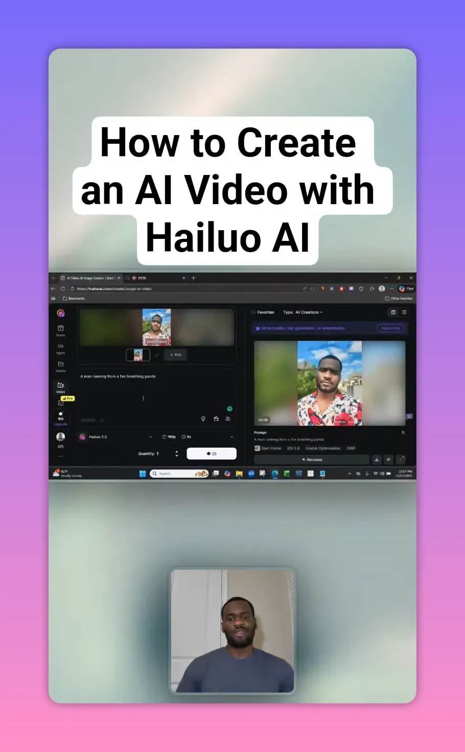 High-clarity screenshot of Hailuo AI interface with visible prompt, start/end frames and preview window.