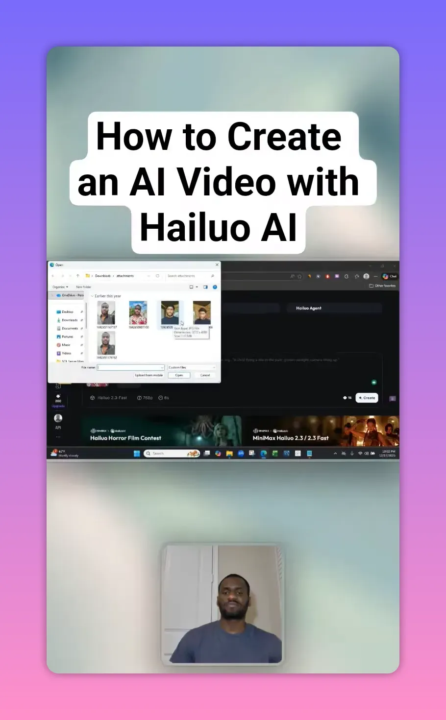 Hailuo AI interface with an open file dialog showing image thumbnails and the Create Video panel behind it