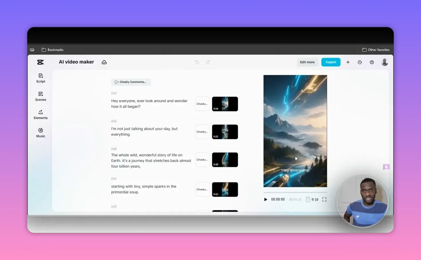 Capcut AI Video Maker: Create Fast, Faceless Videos 7 Capcut AI Video Maker showing script on the left and a clear vertical generated preview with playback controls