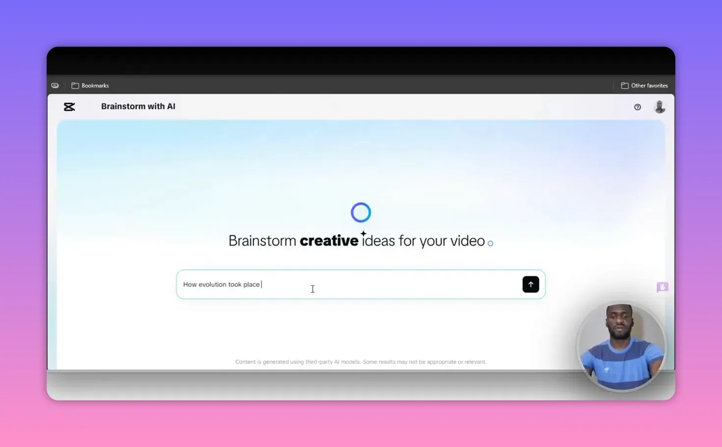 Capcut AI Video Maker: Create Fast, Faceless Videos 4 Capcut Brainstorm with AI interface with the input box containing 'How evolution took place' and a presenter thumbnail in lower right.