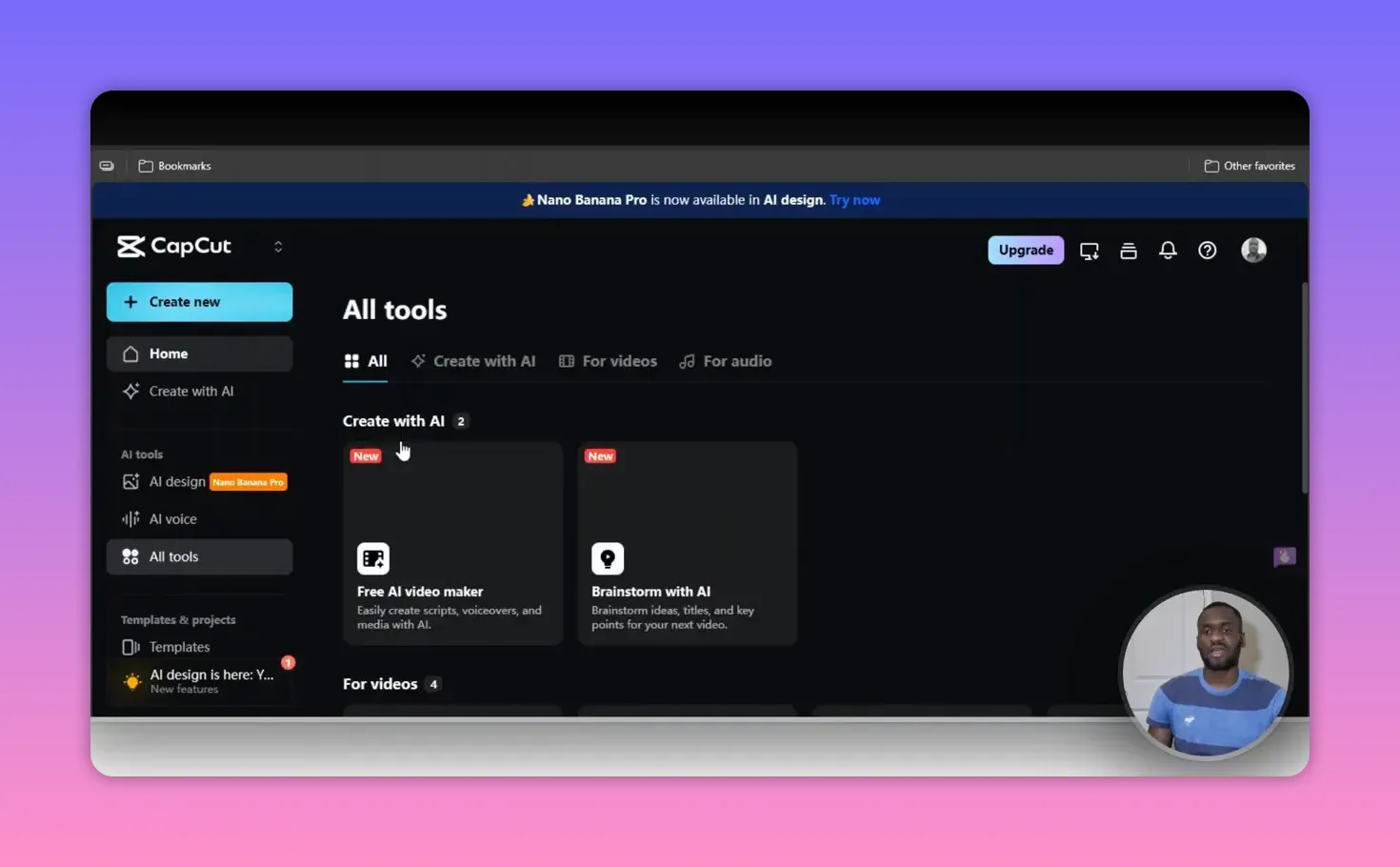 Capcut AI Video Maker: Create Fast, Faceless Videos 3 CapCut 'All tools' screen showing the 'Free AI video maker' and 'Brainstorm with AI' cards under a clear 'All tools' heading.