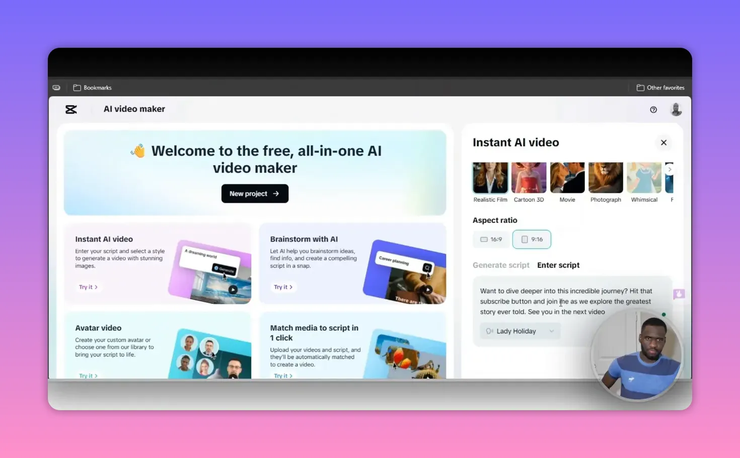 Capcut AI Video Maker: Create Fast, Faceless Videos 6 Capcut Instant AI Video panel with script text, voice selection and style thumbnails visible