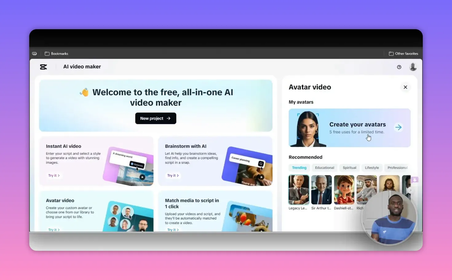 Capcut AI Video Maker: Create Fast, Faceless Videos 8 CapCut Avatar video panel showing 'Create your avatars' banner and recommended avatars