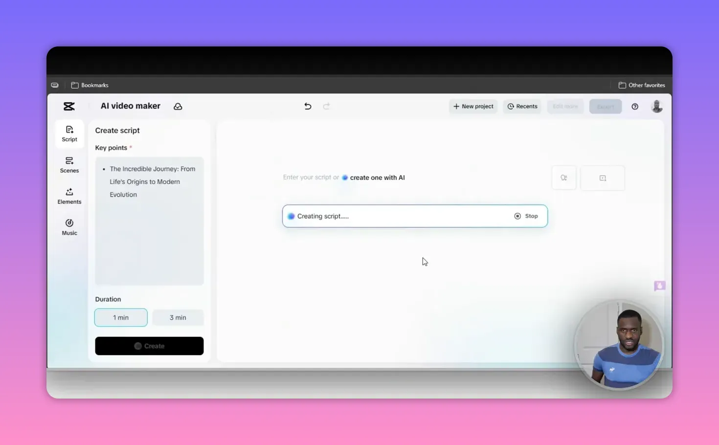 Capcut AI Video Maker: Create Fast, Faceless Videos 5 Capcut AI Video Maker screen with a highlighted progress bar that reads 'Creating script.....', side panel showing key points and 1 min/3 min duration buttons, and a small presenter video bubble.
