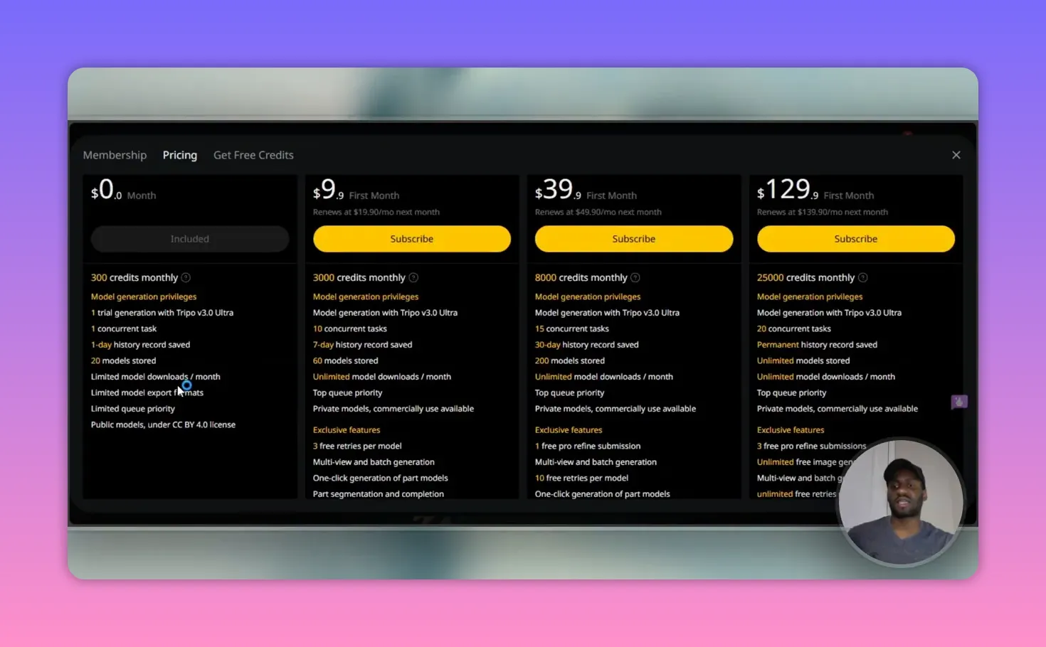High-clarity screenshot of Tripo AI pricing table showing monthly prices, credits per plan and detailed feature lists; presenter overlay is small and unobtrusive.