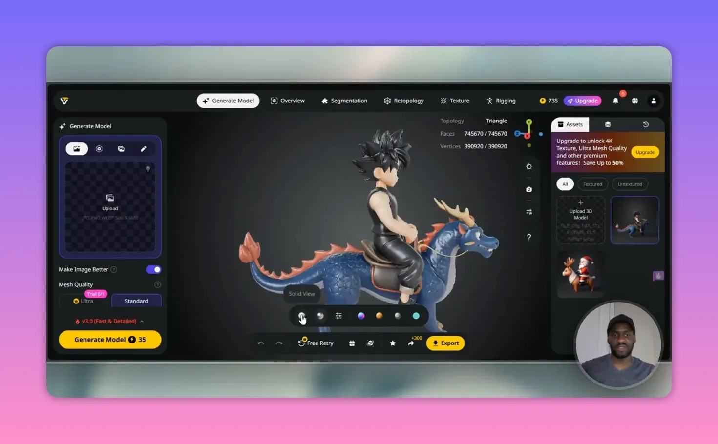 Tripo AI workspace with dragon-and-rider model and the view mode menu highlighted showing 'Solid View'