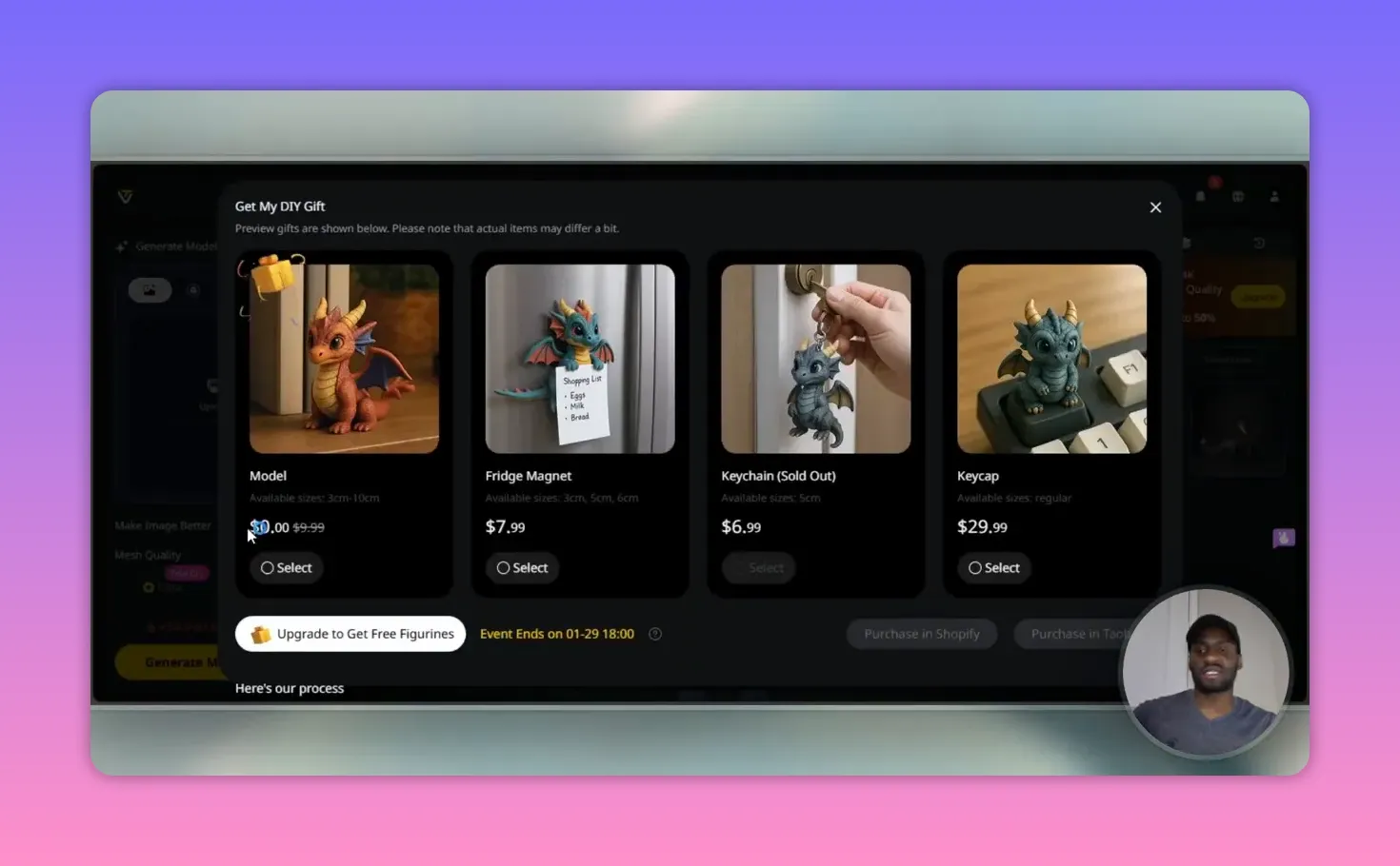 Tripo AI ordering modal showing product previews and prices for a model, fridge magnet, keychain, and keycap