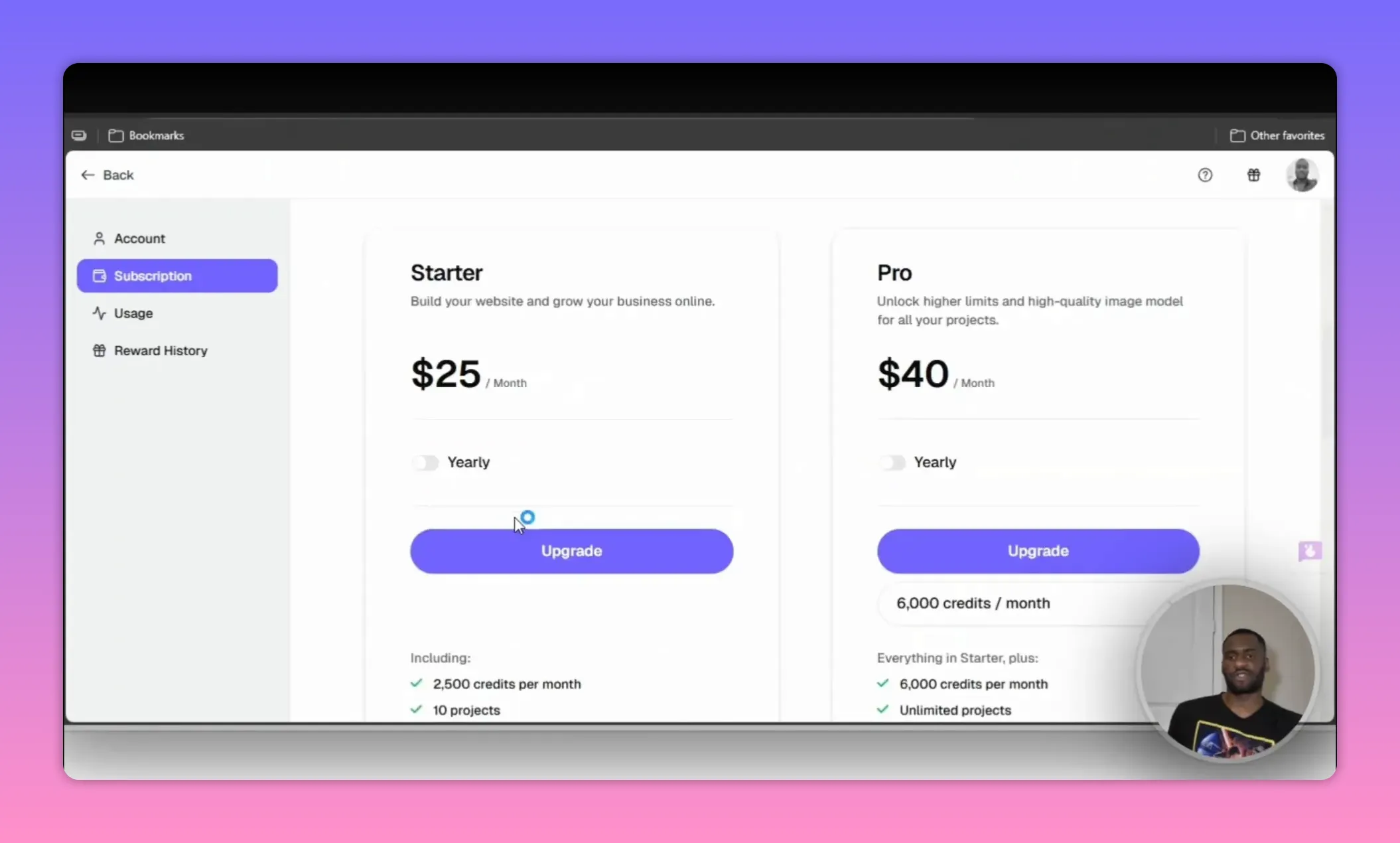 Readdy AI Website Builder Review: Is Readdy AI Worth It? 6 Readdy AI pricing page showing Starter plan $25 per month and Pro plan $40 per month with upgrade buttons