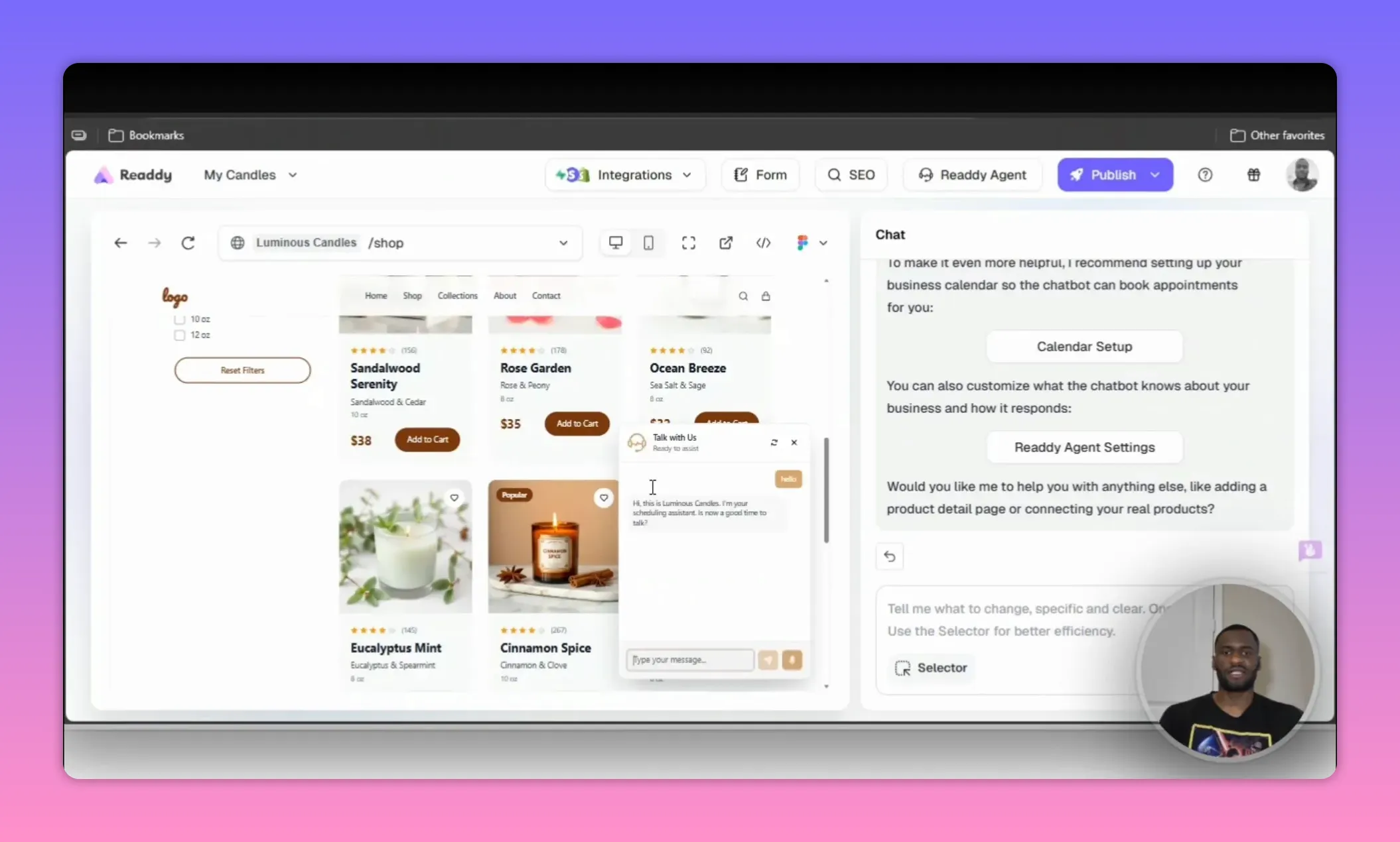 Readdy AI Website Builder Review: Is Readdy AI Worth It? 5 Readdy AI chatbot open with sample message alongside a candle product grid and chat settings panel