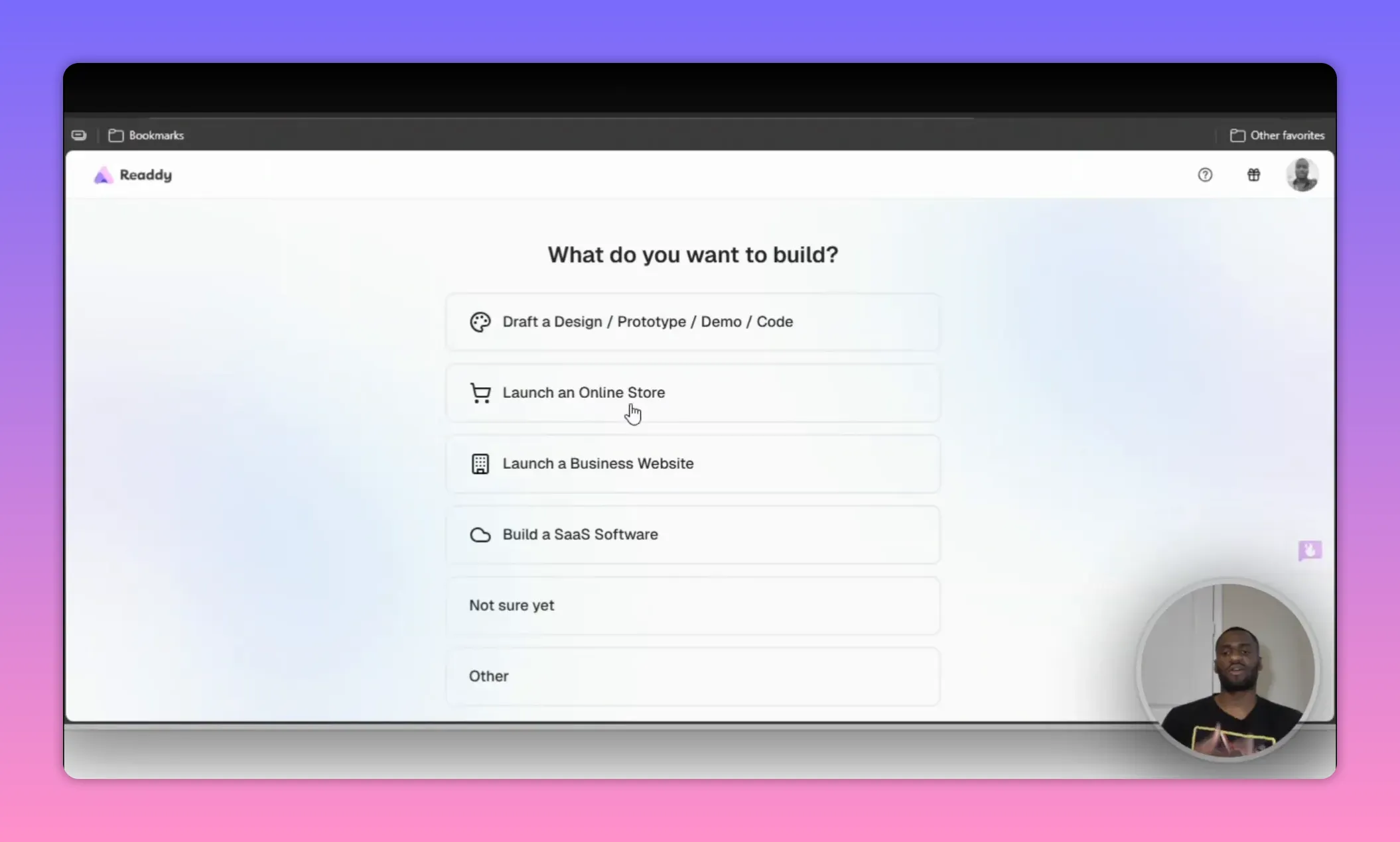 Readdy AI Website Builder Review: Is Readdy AI Worth It? 2 Readdy AI selection screen with cursor over 'Launch an Online Store' option and presenter video inset