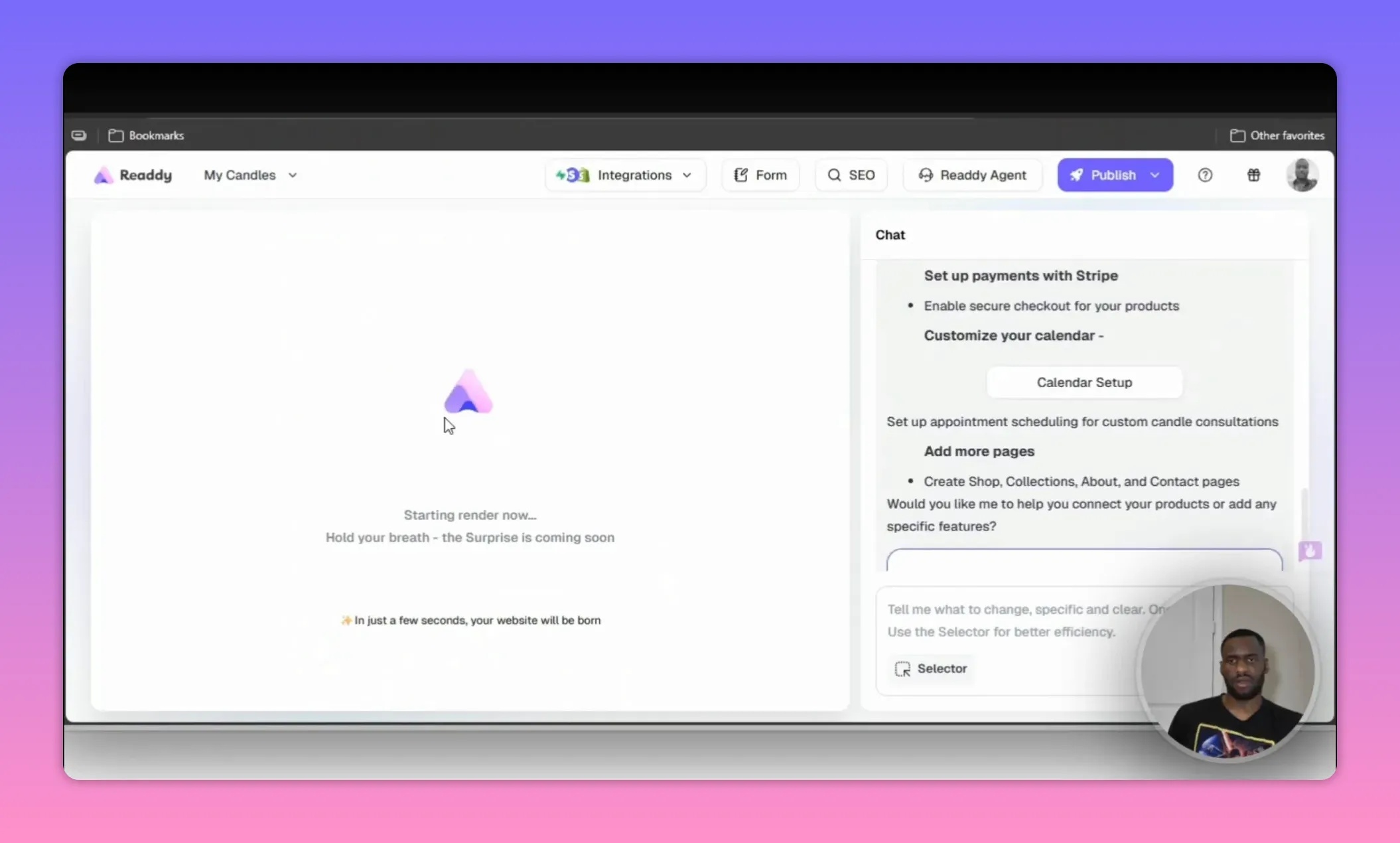 Readdy AI Website Builder Review: Is Readdy AI Worth It? 4 Readdy loading screen with central logo and 'Starting render now... In just a few seconds, your website will be born' message