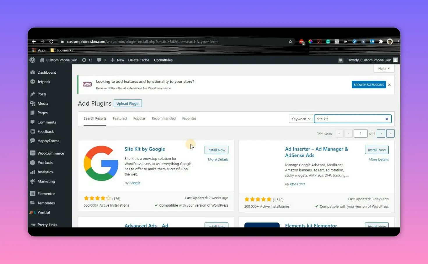 Site Kit by Google plugin listed in WordPress Add Plugins with Install Now button