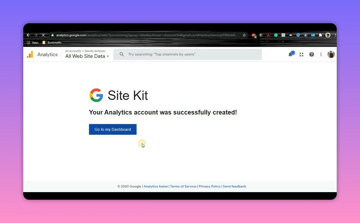 Site Kit confirmation page showing analytics account successfully created and a Go to my Dashboard button