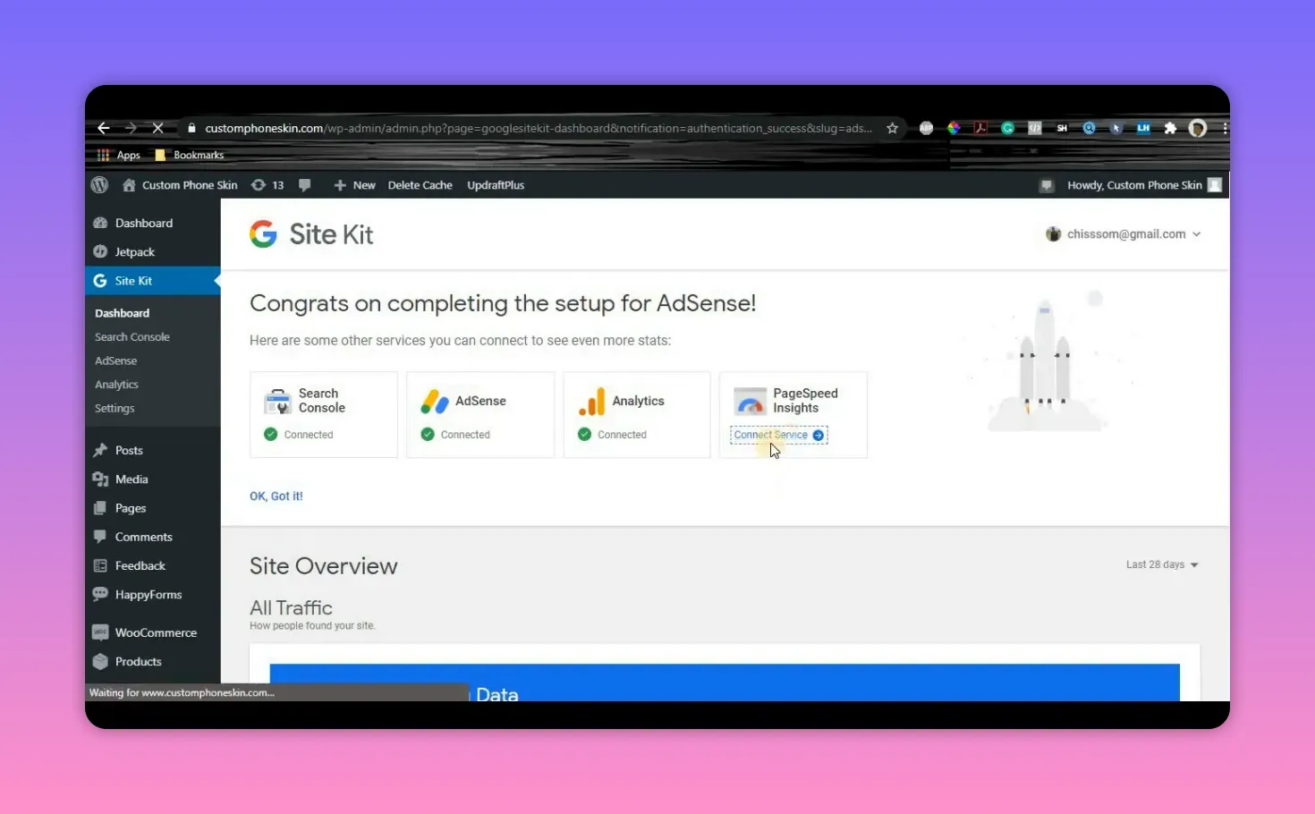 Site Kit dashboard with PageSpeed Insights 'Connect Service' highlighted by the cursor