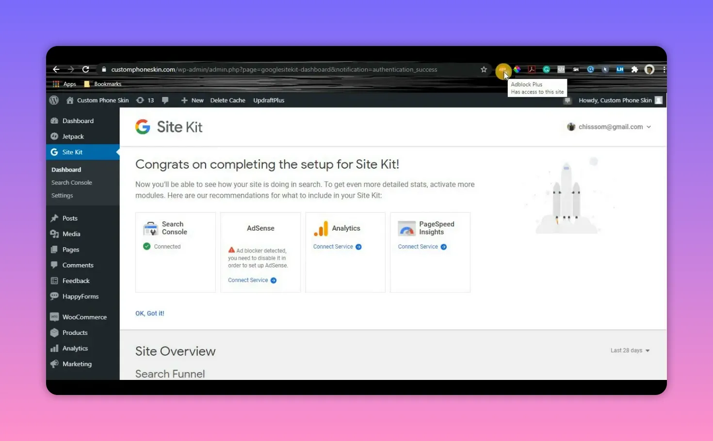 Browser showing Adblock Plus extension tooltip while the Google Site Kit dashboard displays an 'AdSense: ad blocker detected' warning and Connect Service link.