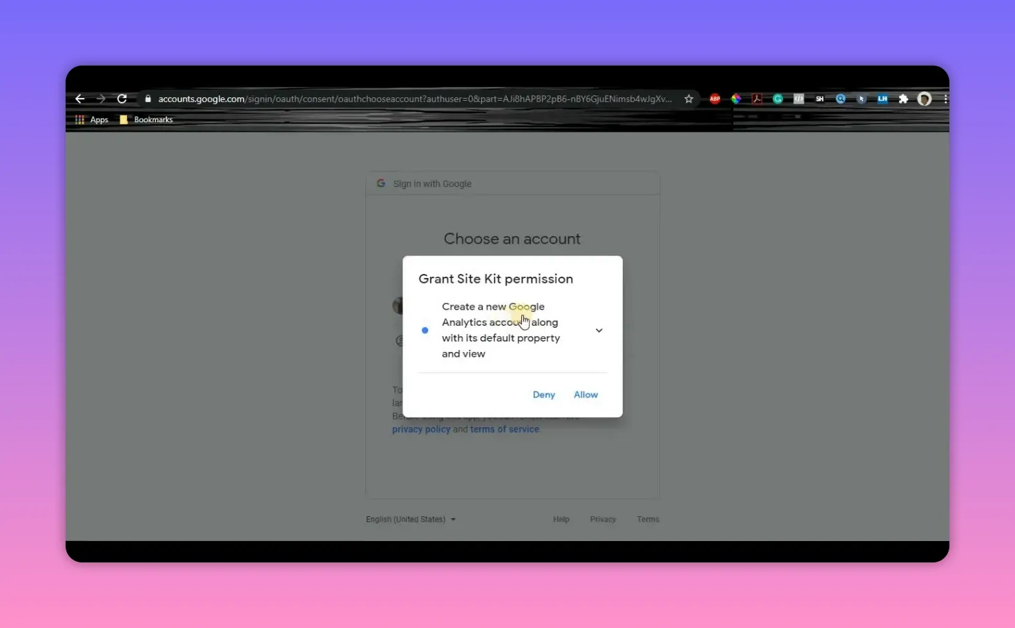 Grant Site Kit permission dialog to create a new Google Analytics account with Allow and Deny buttons