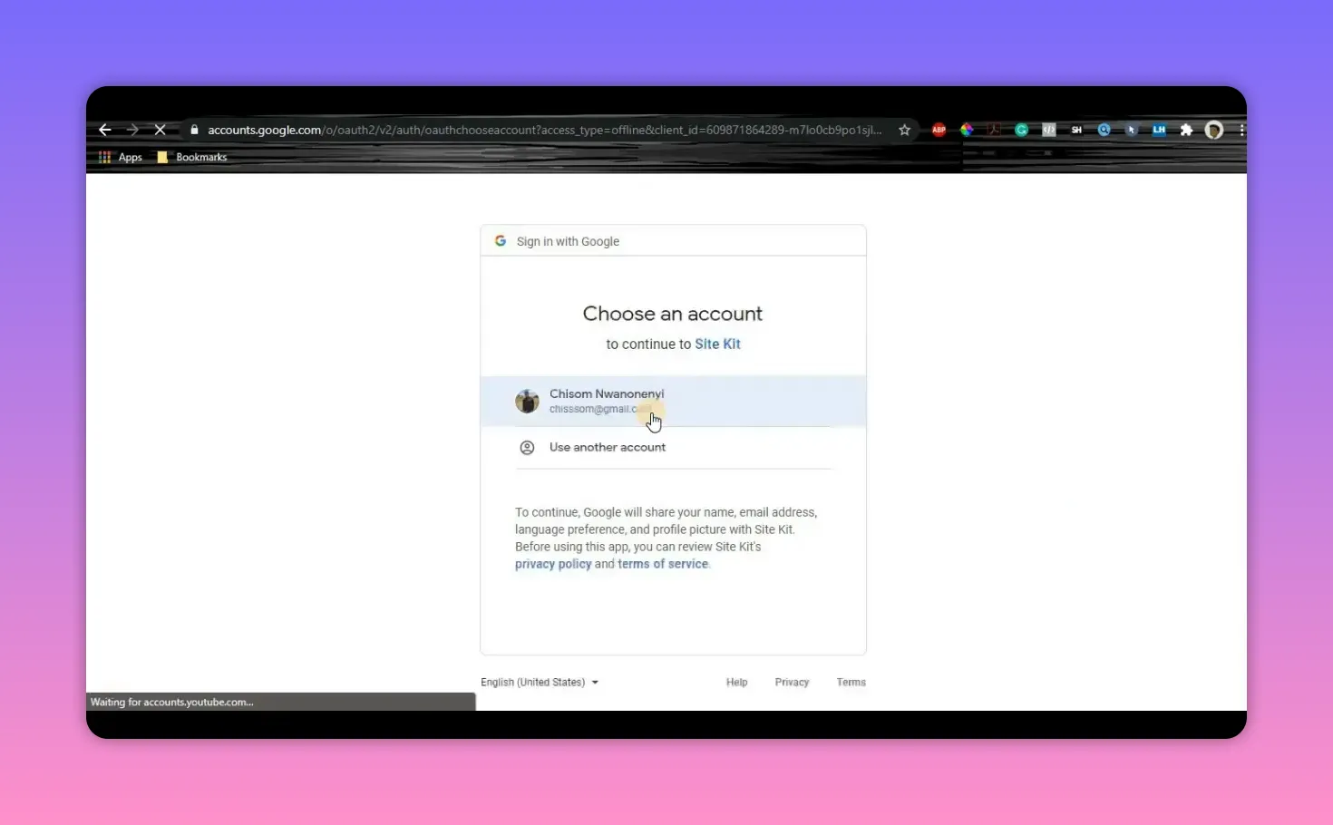 Google 'Choose an account' dialog to continue to Site Kit