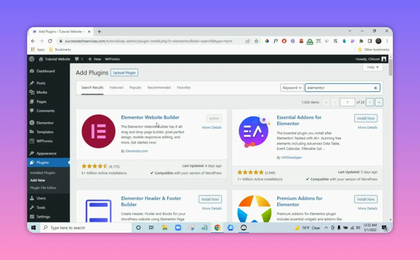 Add Plugins results with Elementor Website Builder and Essential Addons for Elementor showing the Install button
