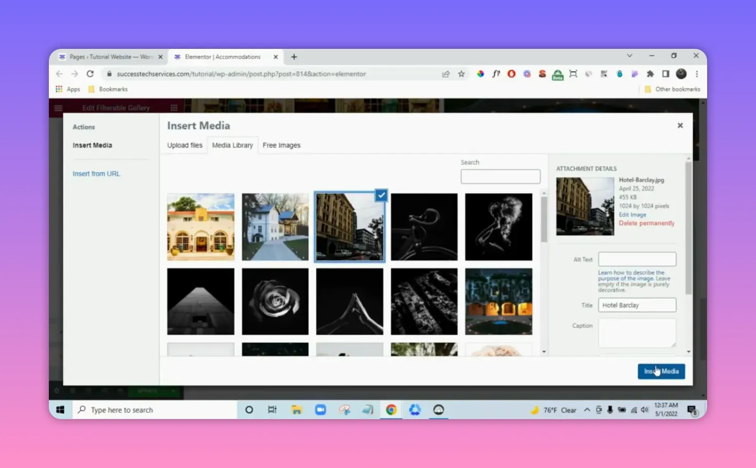 Media library with an image selected and attachment details visible, showing the Insert Media button