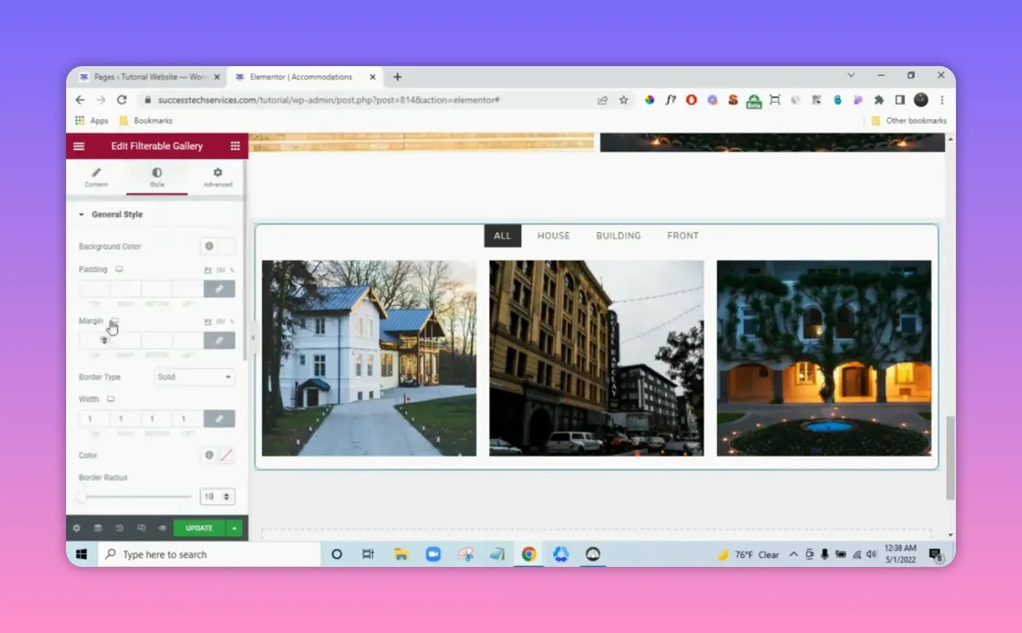 Elementor Filterable Gallery style tab open showing Background Color, Margin, Border Type, Width and Border Radius controls with gallery preview