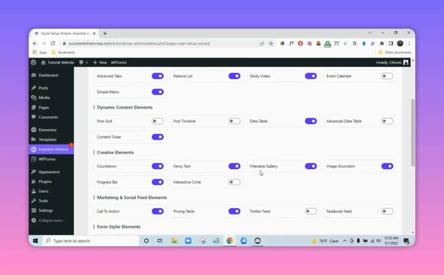 Creative Elements section of Essential Addons with the Filterable Gallery toggle turned on