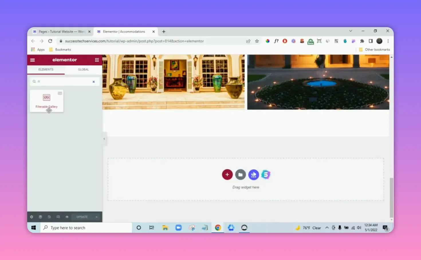 Dragging the Filterable Gallery widget from Elementor panel onto the page canvas