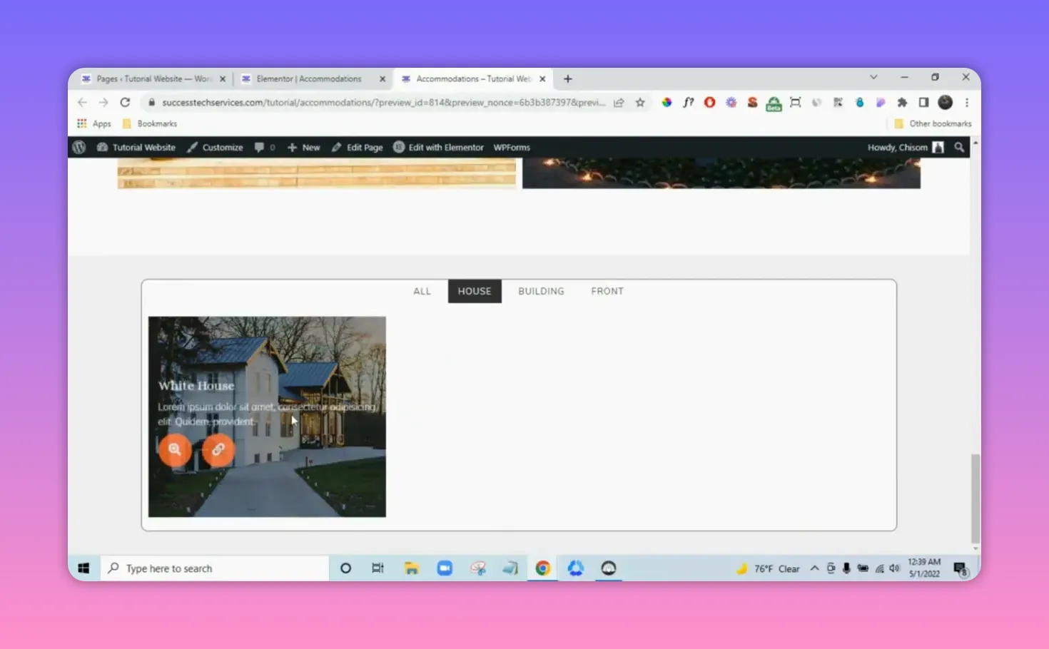 Preview of a filterable gallery with the 'house' filter active showing a single gallery card with overlay icons for lightbox and link.