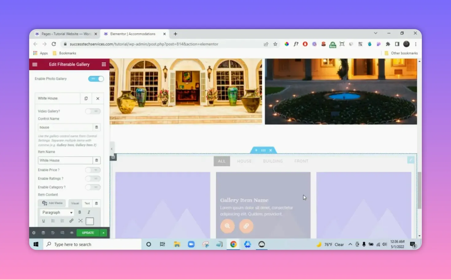 Elementor filterable gallery sidebar with control 'house' and item name 'White House'